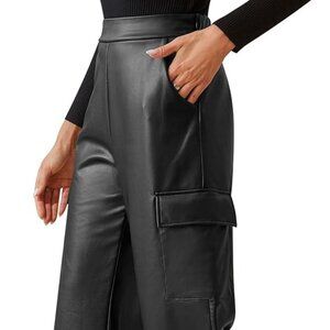 QIANXIZHAN Women's Faux Leather Pants, Winter High Waist Wide Leg PU Trousers